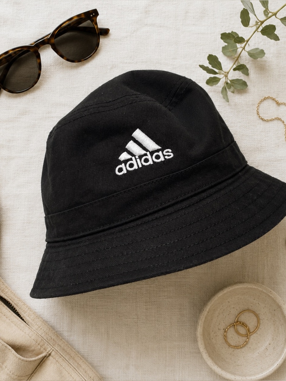 adidas Black Bucket Hat with White Logo Embroidery